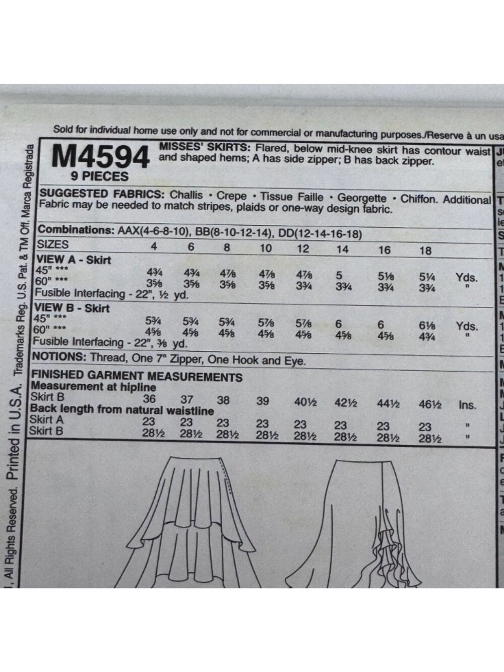 McCalls Sewing Pattern M4594 Y2K Flowy Skirt Ruffle Hem Boho Chic 4-10 Uncut - Picture 2 of 12